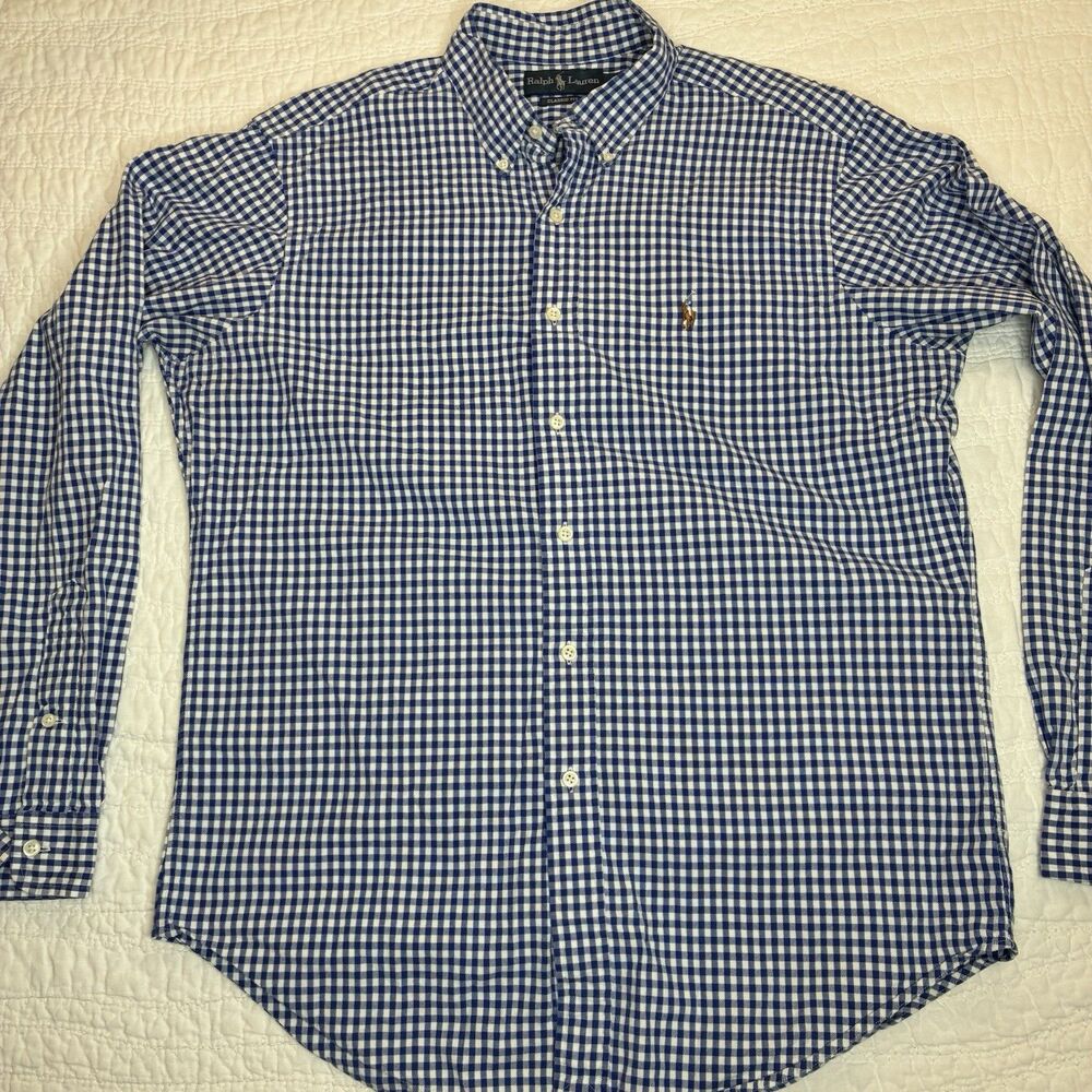 Polo Ralph Lauren mens blue check shirt Lrg 100% cotton classic long sleeve pony
